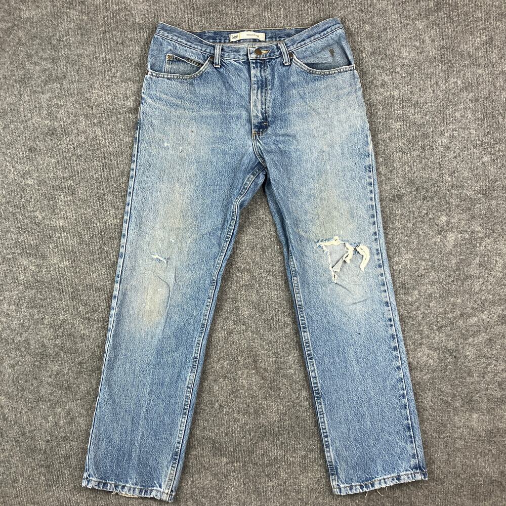 Lee Jeans Mens Size34 Regular Fit Light Wash Distressed StraightLeg DenimVintage